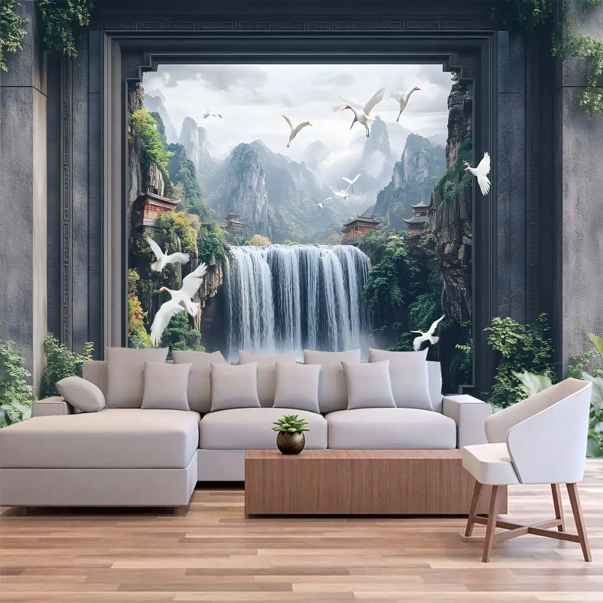 Chinese Watercolor Wall Tapestry Misty Foggy Waterfall Mountains Lakes Wall Art Cranes Scenic Landscape Wall Hanging Asian China