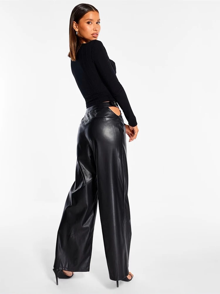 Vrouwen Matte Leren Broek Hoge Taille Holle Losse Rechte Broek Dames Casual Vloer Lengte Stretch Pu Broek Custom Nieuw