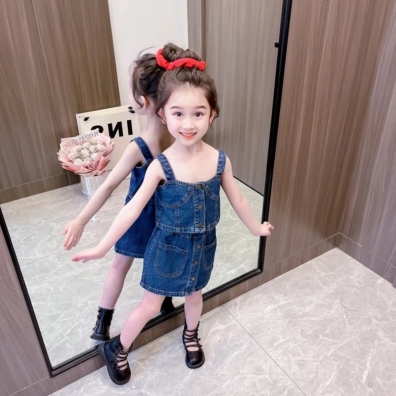 

2023 Summer Baby Girls Clothing Sets Children Denim Vest Skirt 2 Pcs Suit Vacation Princess Costumes Kids Casual Clothes Outfits