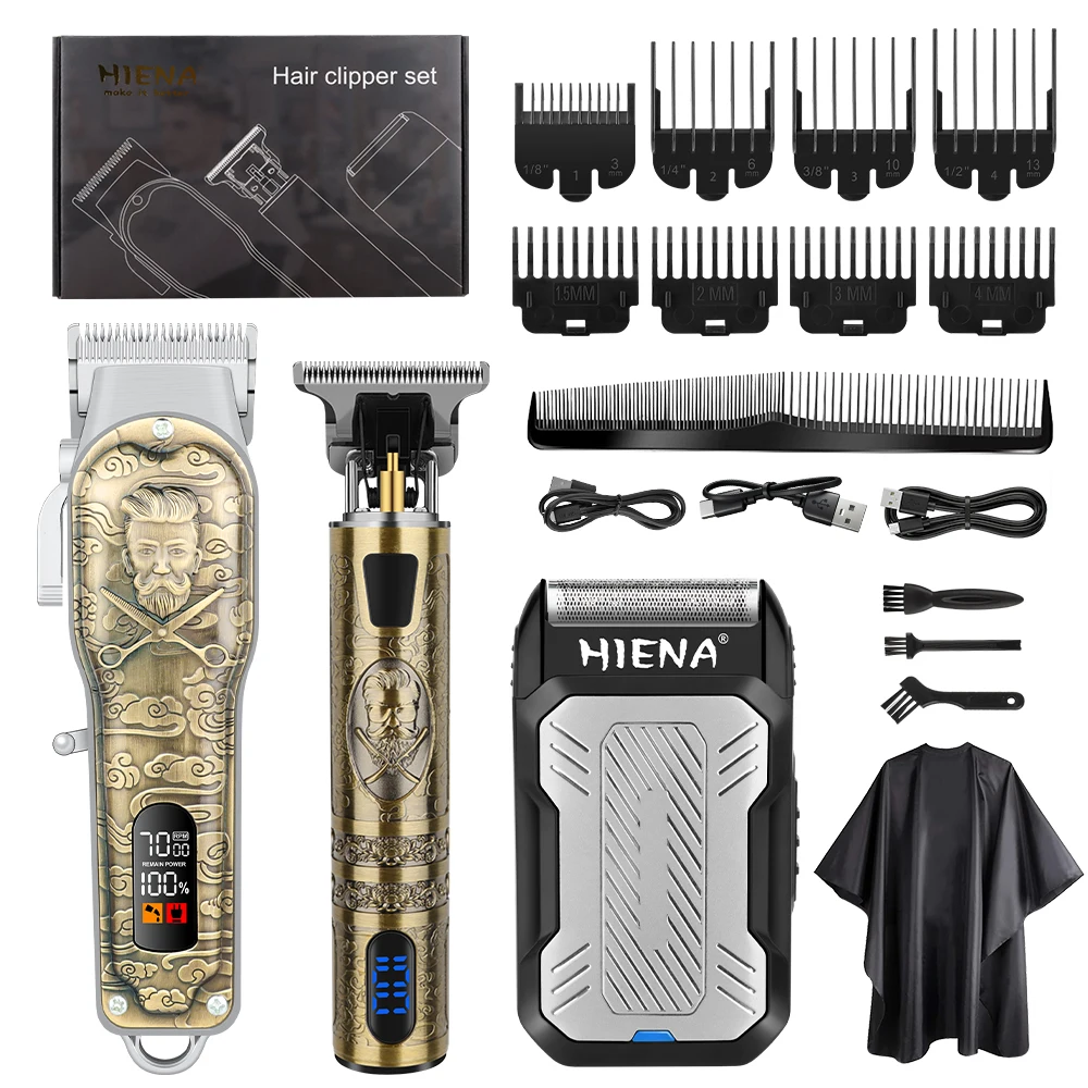HIENA 3in1 Vintage Hair Clipper Kit Rechargeable Barber T-Trimmer Shaver Guards Cape Comb Salon Men