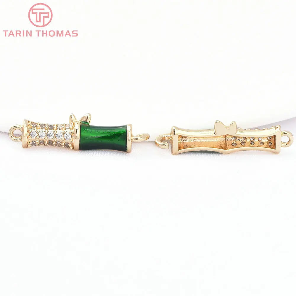 (8484)10PCS 6x18MM 24K Gold Color Brass with Zircon Bamboo Joint Double Hole Pendants Connector High Quality Jewelry Findings