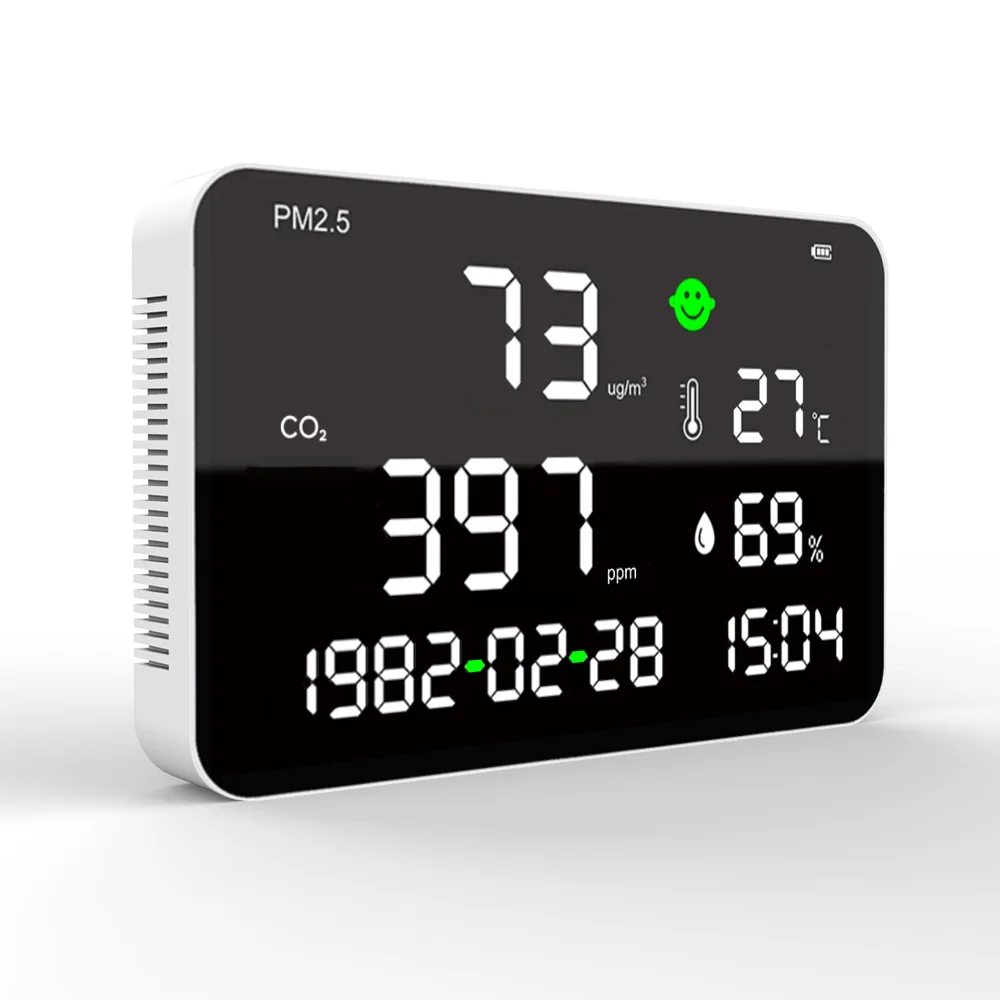 شاشة كبيرة جدًا داخلية CO2 ميتري متعددة الوظائف مستشعر NDIR نوع كاشف جودة الهواء يقيس ثاني أكسيد الكربون وPM2.5