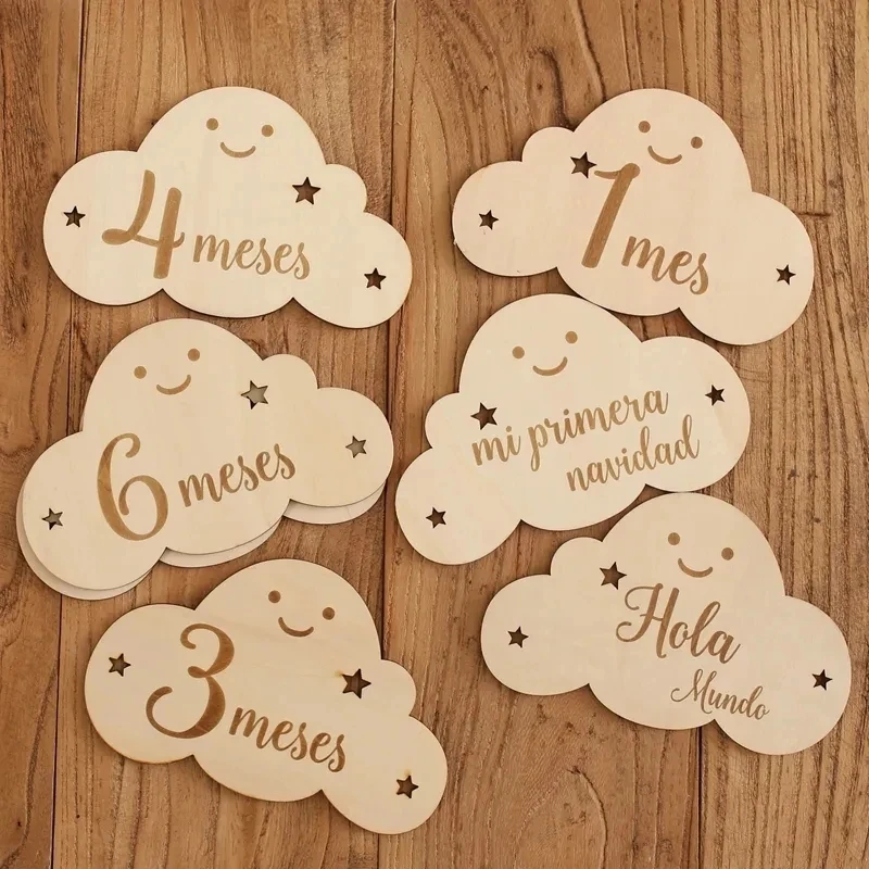 8pc/set Wooden Baby Milestone Card Newborn Cute Cloud Shape Photography Props Accessories Monthly Card Sticker Newborn Gift