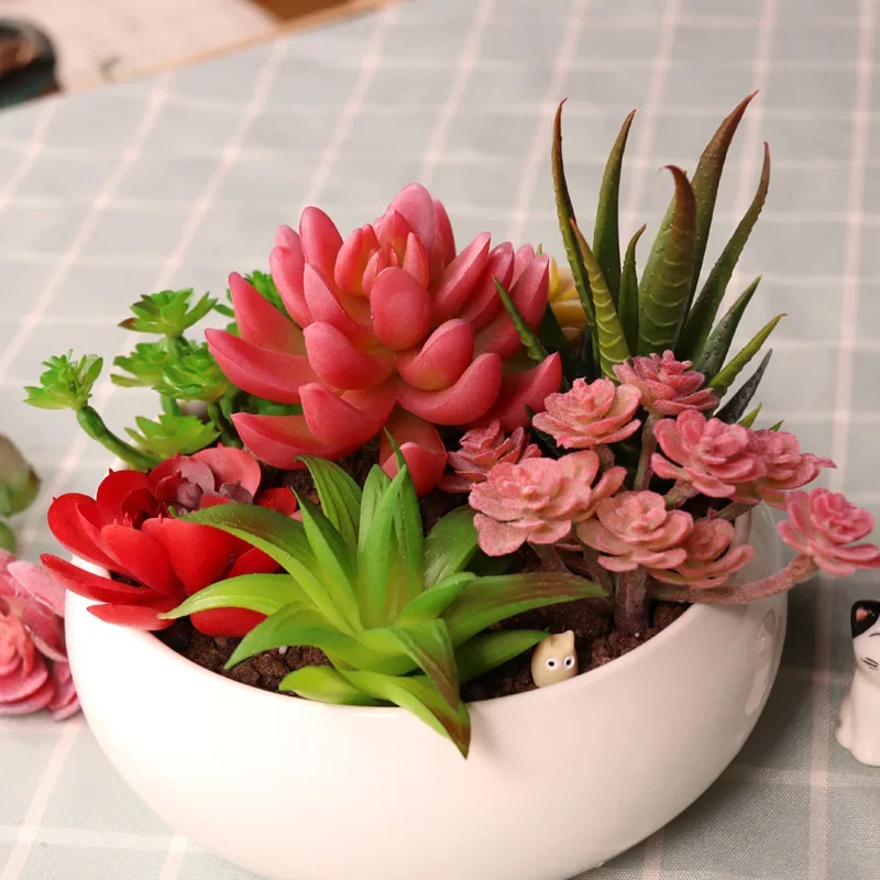 Artificial Green Purple Red Flocking Succulent Plants DIY Home Garden Office Wedding Decoration Mini Bonsai Plante Artificielle