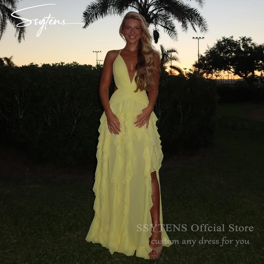 

SSYTENS Yellow Ruffle Tiered Evening Dress Chiffon Side Slit Party Gowns A Line Sexy Deep V Neck Prom Dress For Women Customized