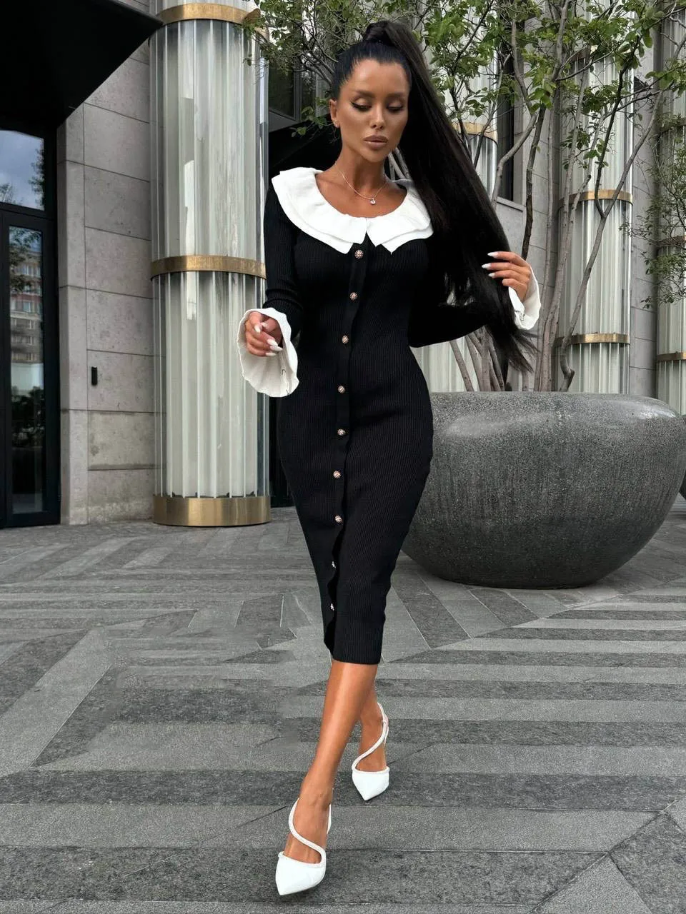 Fashion Knit Patchwork Long Dress Women's Ruffled Slim Elegant Contrast Ribbed Party Dress Knitwear Autumn Maxi Dress New