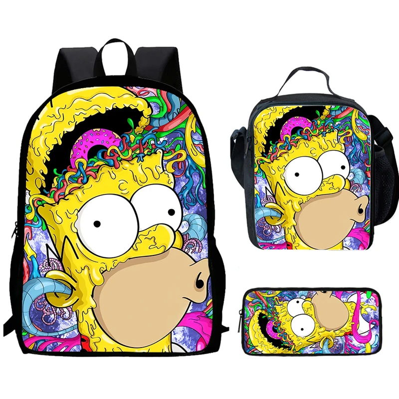 Cartoon S-simp-S-son Child School Backpack With Lunch Bags Pencil Bags For Age 4-9 ,Light Weight School Bags For Boys Girls