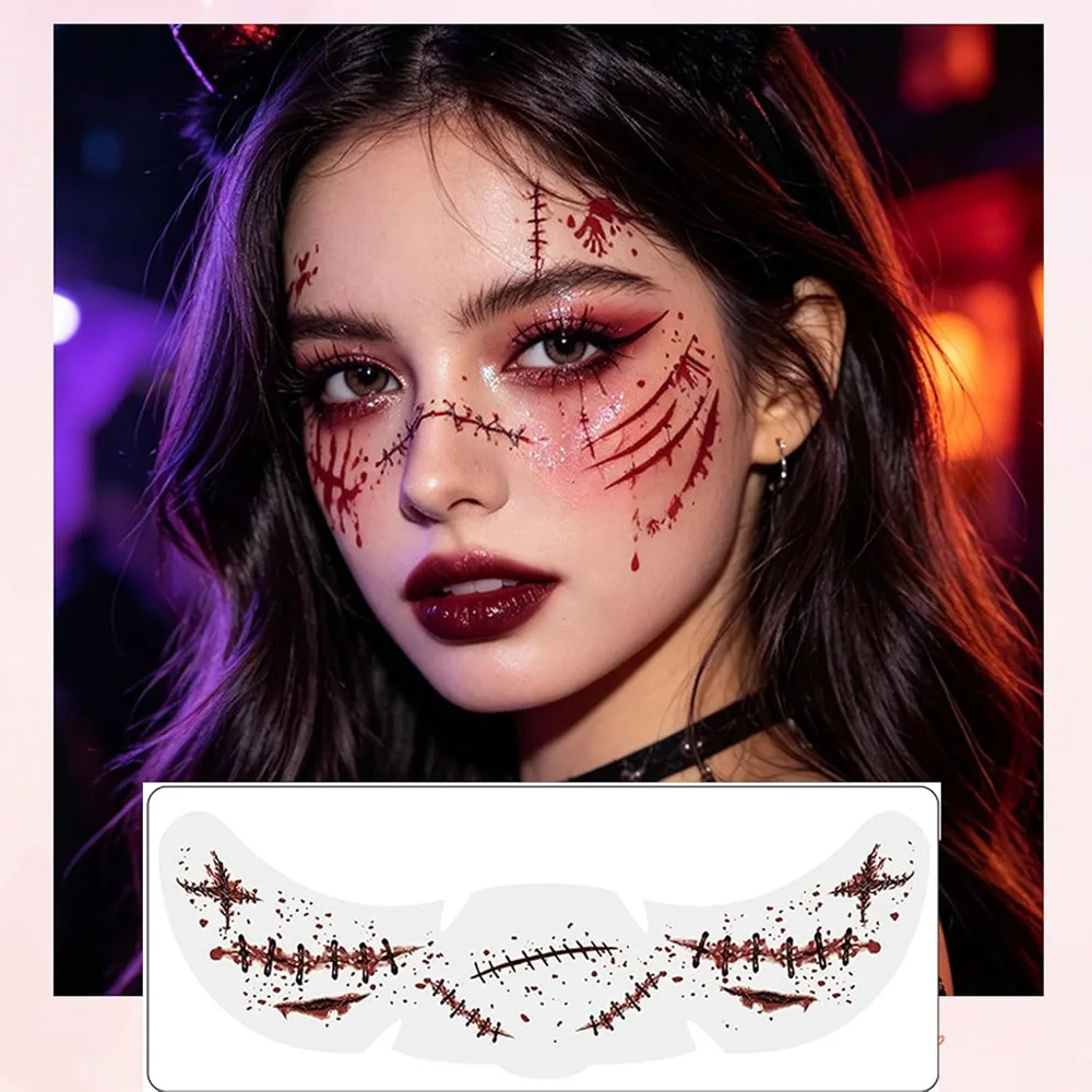 10pcs Luminous temporary face stickers with scar spider pumpkin patterns for Halloween adults cosplay party.