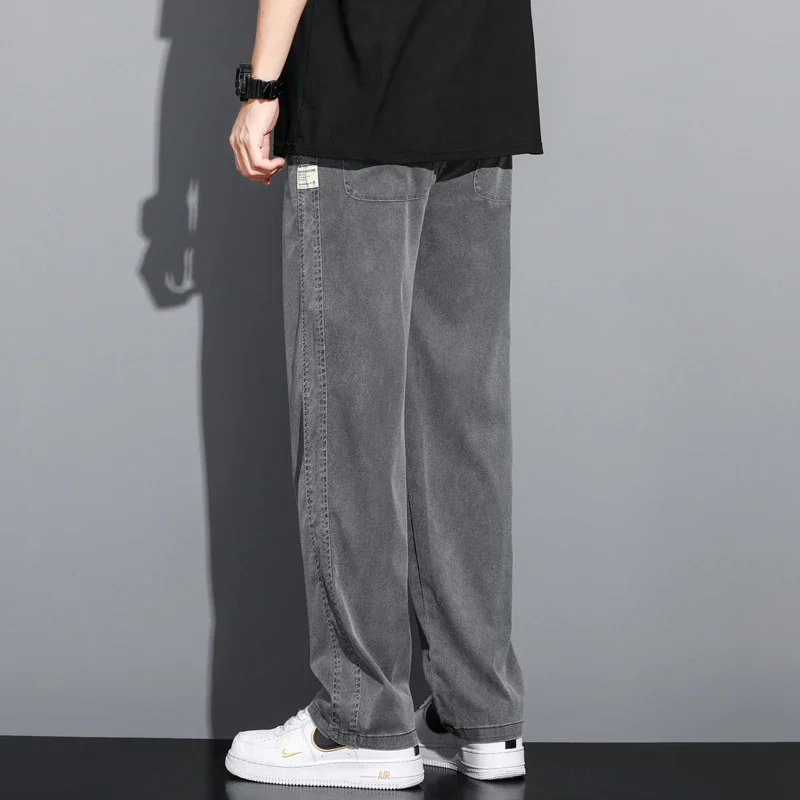2024 Summer Soft Fabric Men's Jeans Thin Loose Straight Pants Drawstring Elastic Waist Korea Casual Trousers Plus Size M-5XL