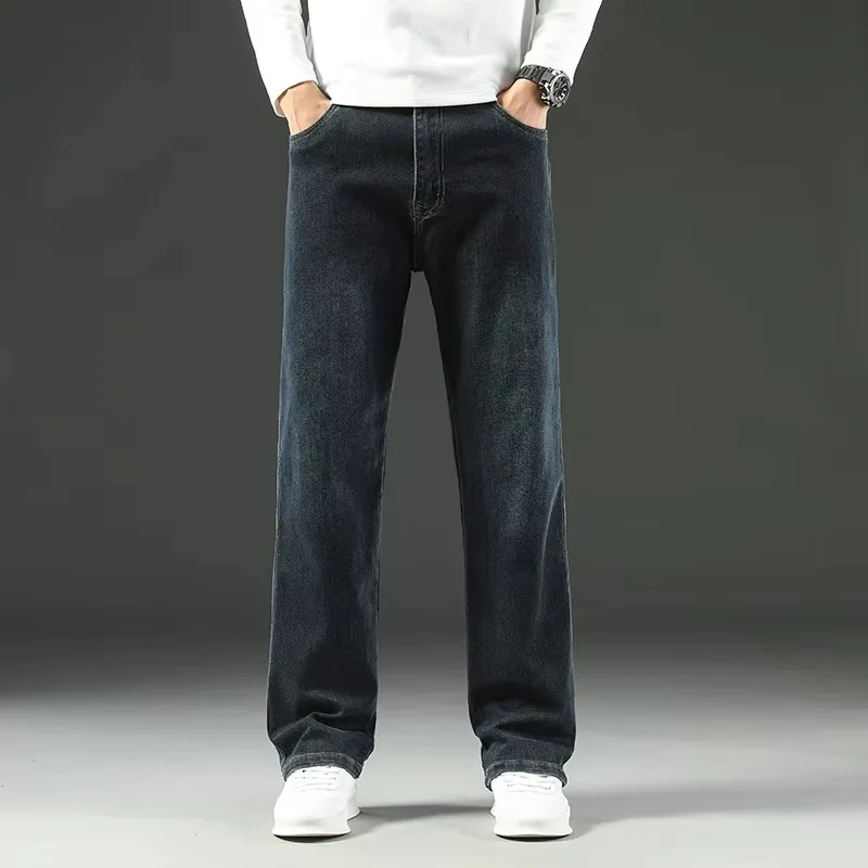 Autumn Winter  Brand New High Waist Jeans Classic Business Casual Office Men\'s Fashion Stretch Slim Denim Jeans Navy Blue