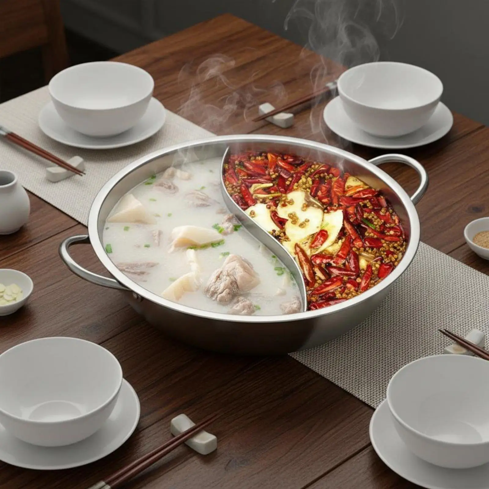 Spacious Stainless Steel Dual Compartment Cookware Soup and Broth Basin with Pot Covers for Steaming Home Use