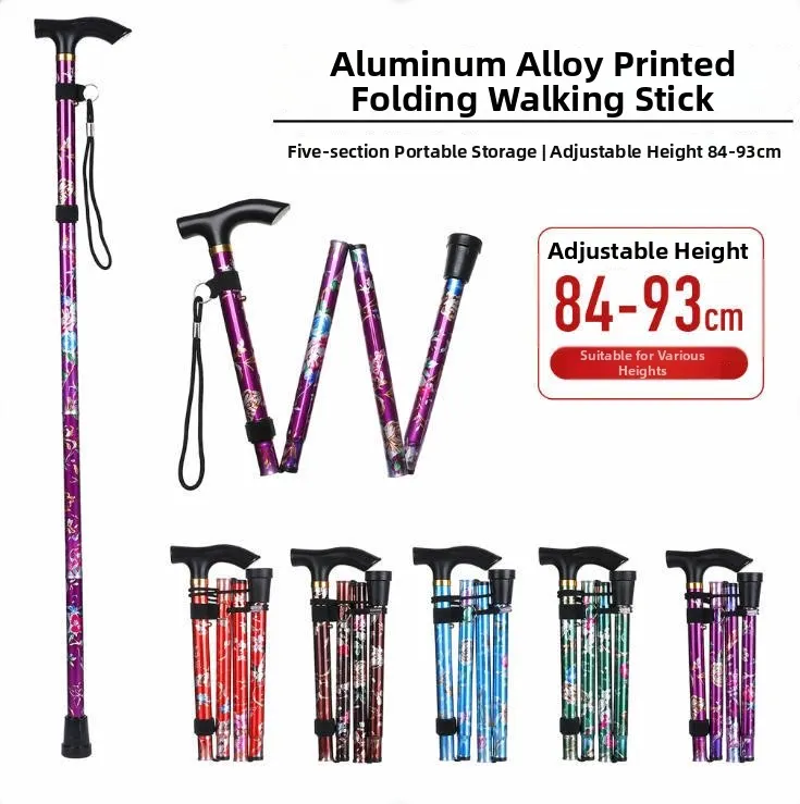 5‑Level Adjustable Folding Aluminum Alloy Walking Cane Flower‑Shaped Base Portable Walking Stick for Elderly Outdoor Hiking Use