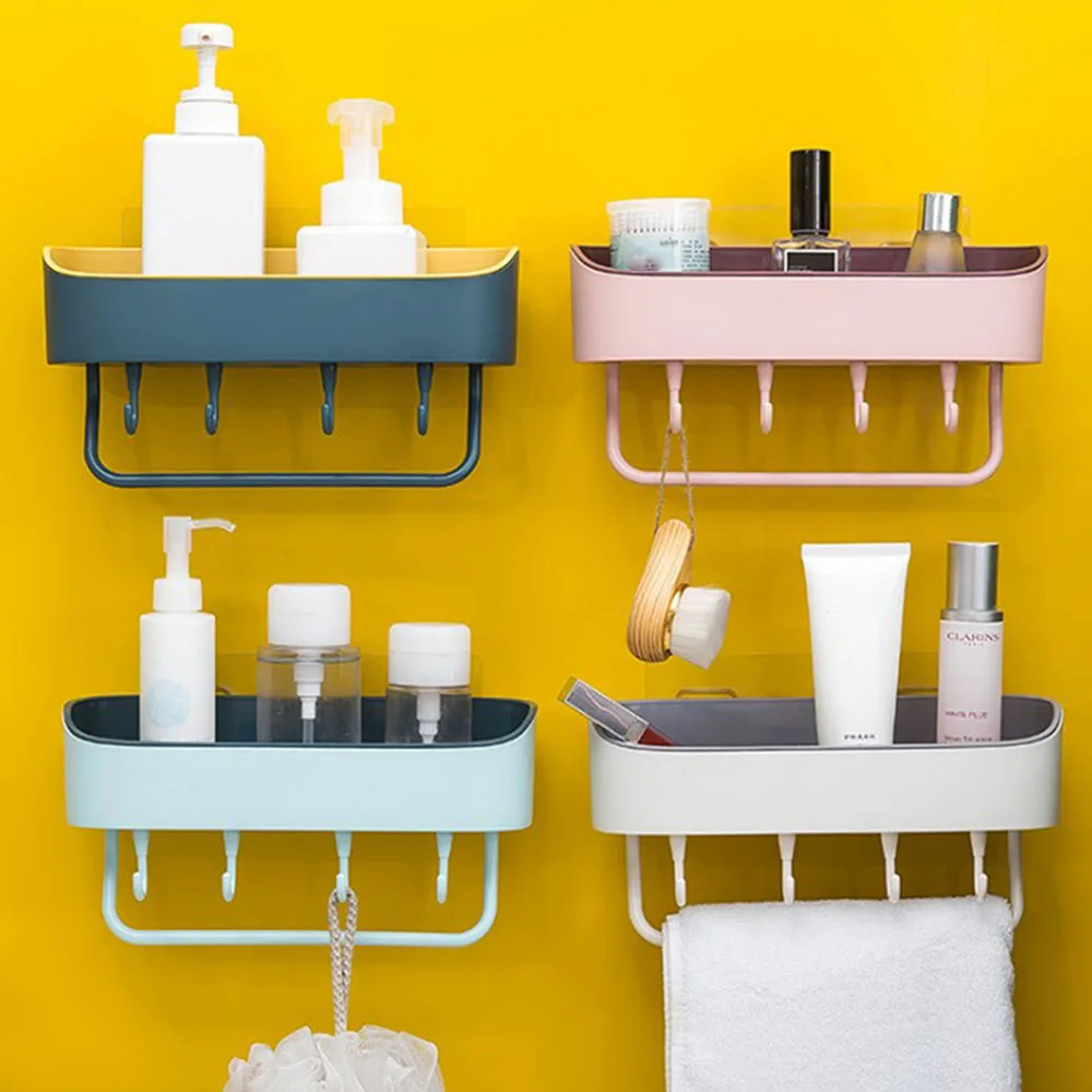 

Multifunction Wall-mounted Rack With Hooks Punch-free Storage Racks Bathroom Kitchen Shelf