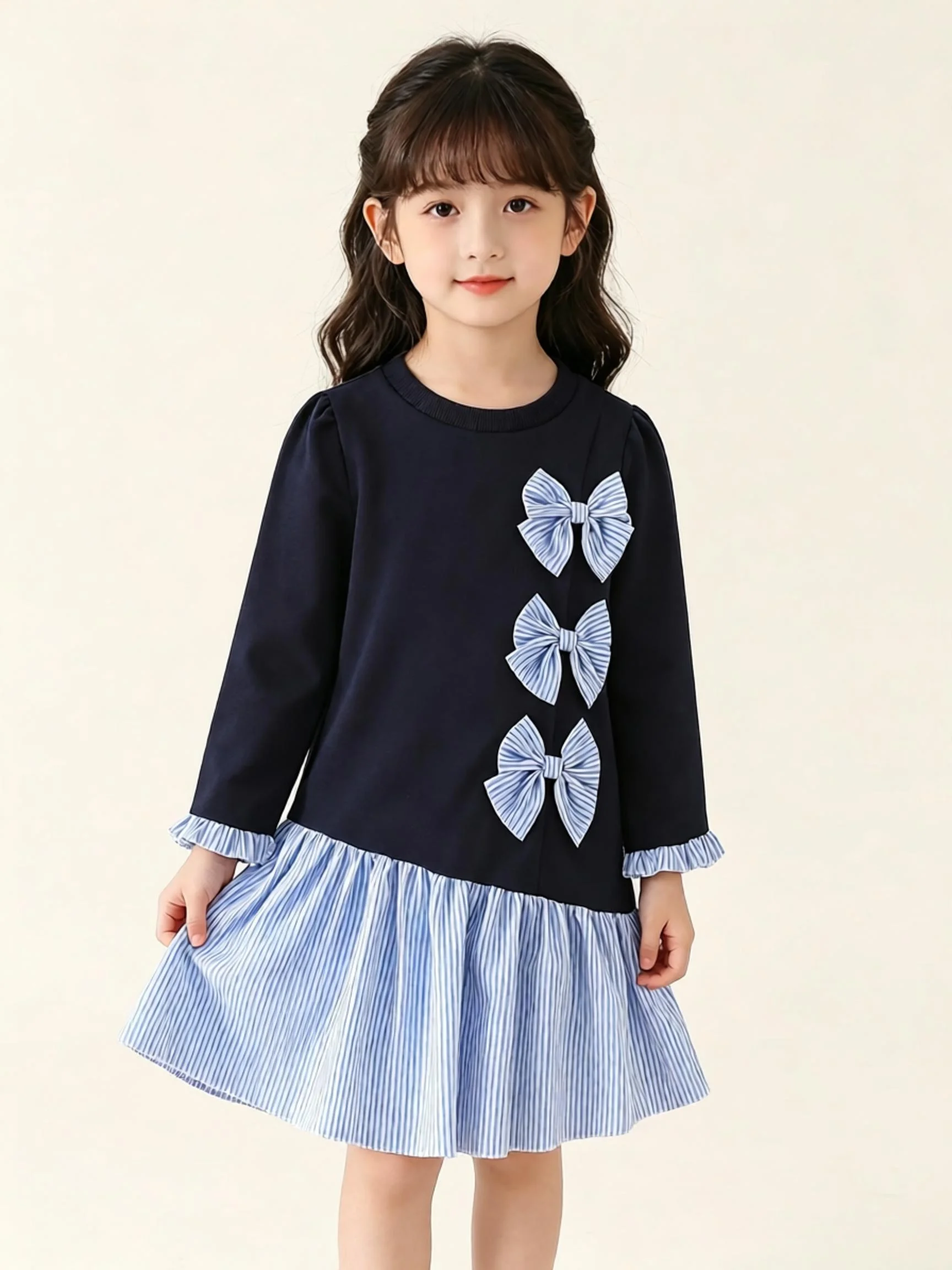 Little Girls Long Sleeve Knee-Length Dress,1-Piece,Crew Neck,Knit Spliced Stripes,Ruched Asymmetrical Hem,Spring Autumn