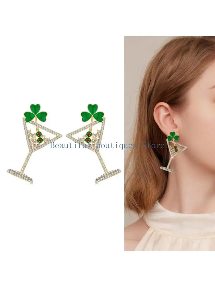 U4LF Comfortable Clovers Earrings Adorned by Diamonds Wine Glass Day Symbolic Luck