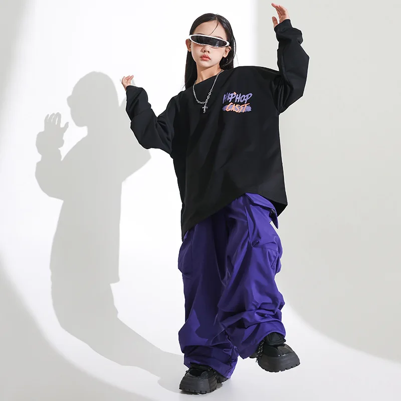 طفل الهيب هوب الملابس السوداء خطابات البلوز الأرجواني جيوب عادية Ruched البضائع السراويل لفتاة صبي الجاز ملابس رقص الملابس #3