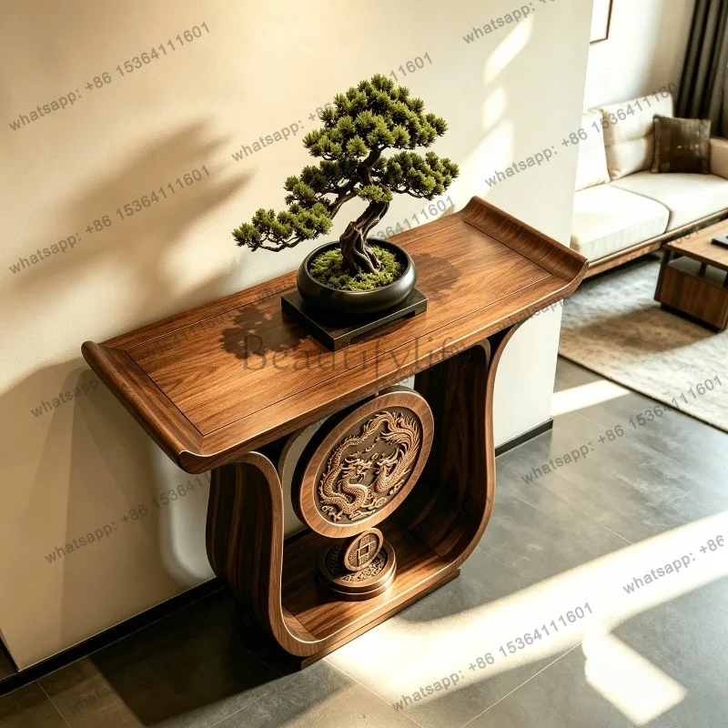 YJ Dragon Phoenix Carved Black Walnut Console Table Custom New Chinese Long Narrow Entryway Hallway End View Furniture