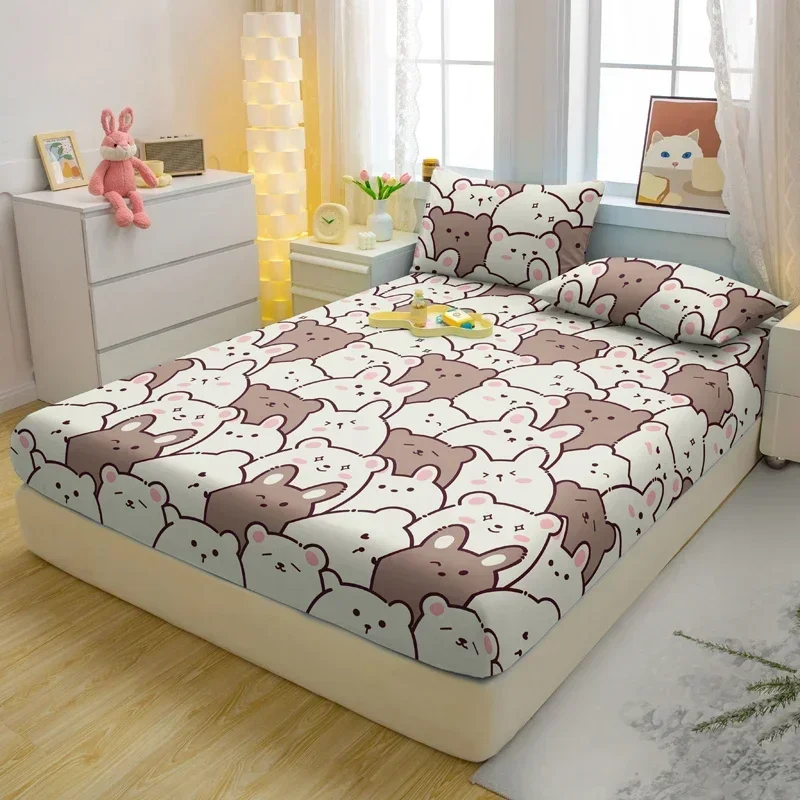 3-piece cartoon fun bear pattern matte three piece fitted sheet set, bedroom printed bed cover set, bedding