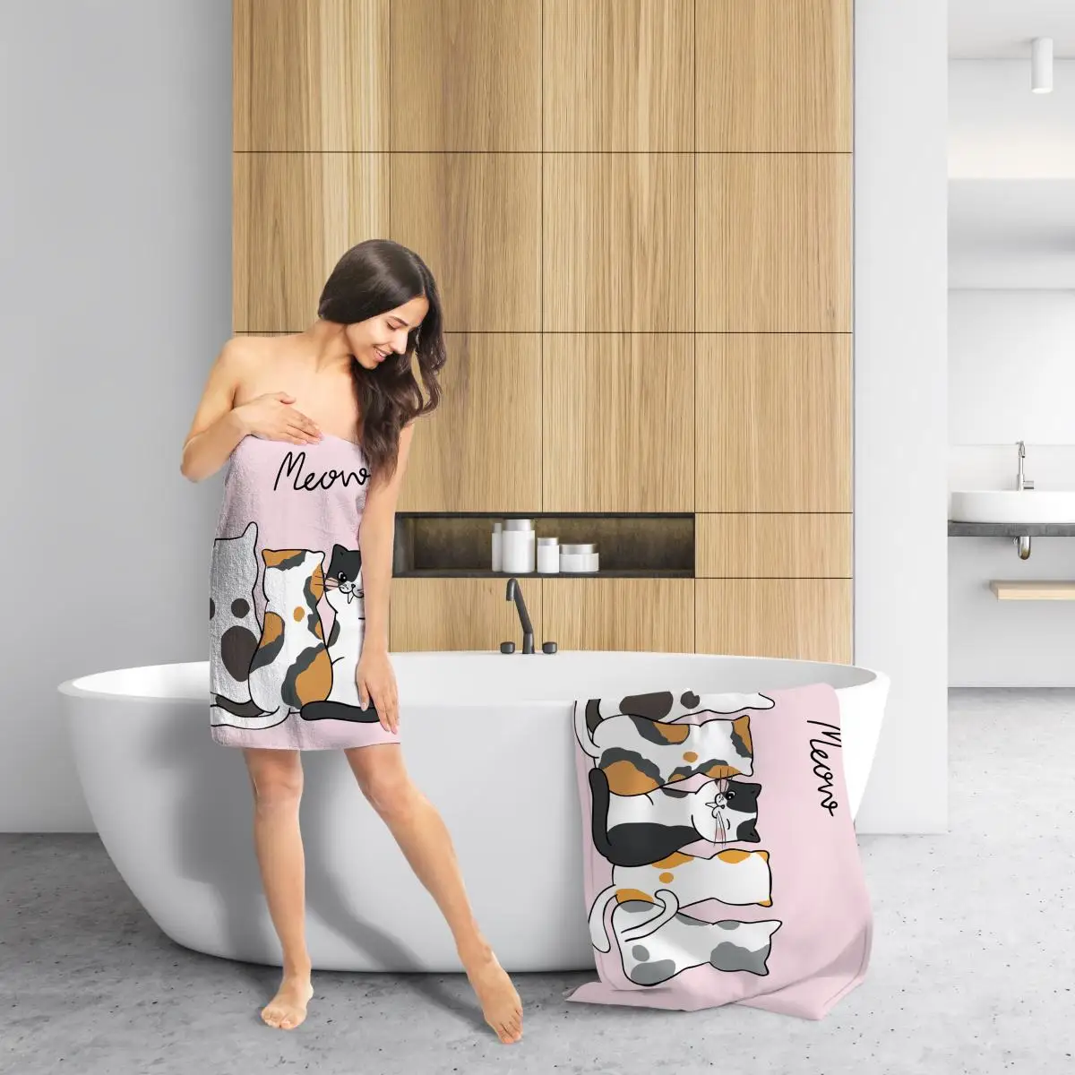 1 piece of 160x80cm pink cute cat digital printed bath towel beach towel, thickened, enlarged, soft and comfortable