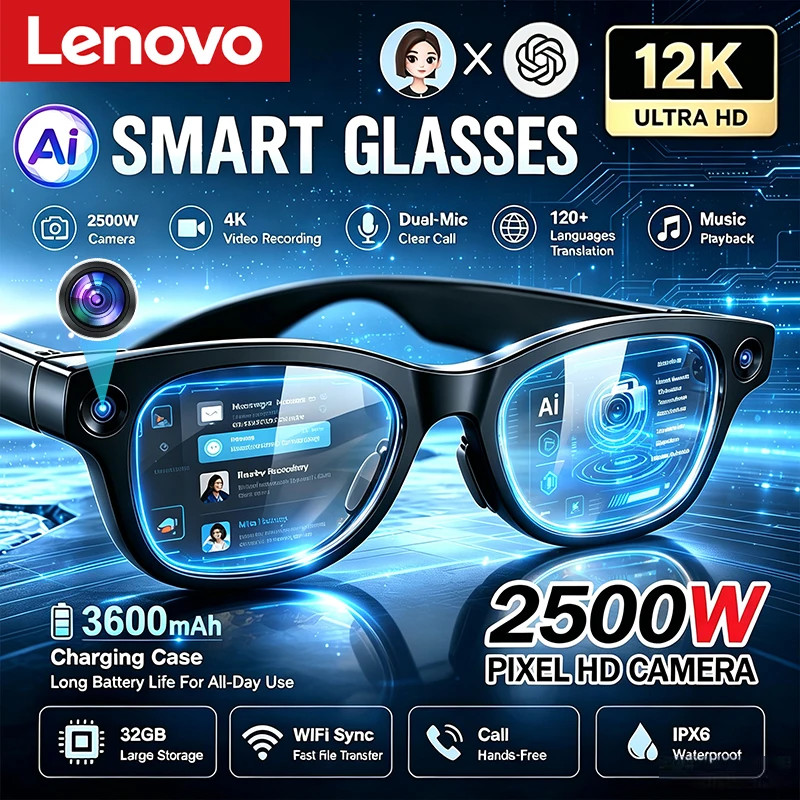 Lenovo New AI Smart Glasses Remote Control Touch Photo Camera Recording Translator Voice Assistant Music Bluetooth Sunglasses