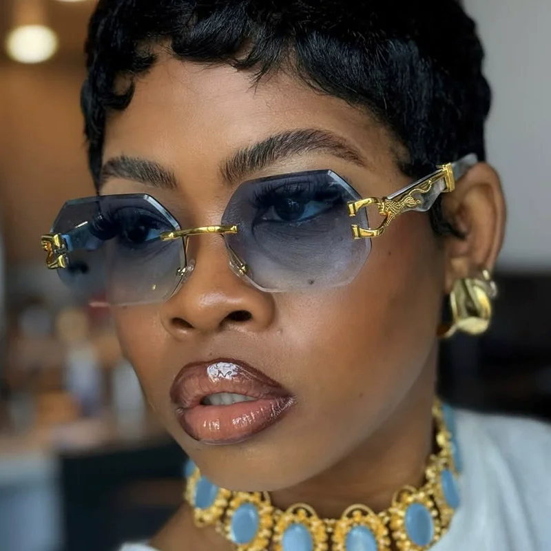 Lunettes de soleil vintage sans monture pour femmes, nuances polygonales, marque de luxe, nickel é, mode, décor léopard, lunettes de soleil, UV400