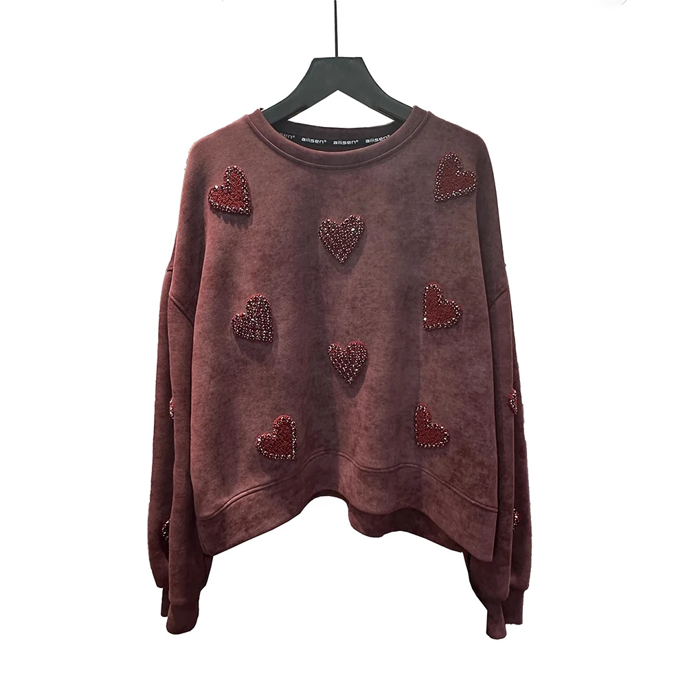 حجم كبير ربيع الخريف جودة عالية يتدفقون الماس القلب جولة الرقبة قصيرة البلوز المرأة فضفاضة عارضة تنوعا أعلى #4