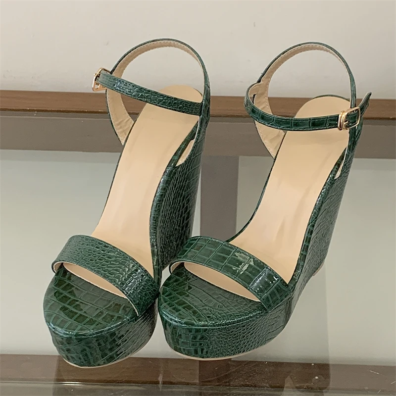 Eilyken Fashion Green Snake Pattern Open Toe Sandals Women Platform Wedges Thick Sole Buckle Strap Summer Shoes