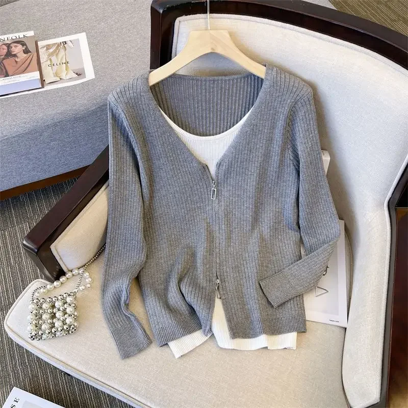 Spring Summer New Fake Two Pieces Knitwear Long Sleeve Design Sense Slim Fit Slimming Youthful-Looking Casual Top for Women