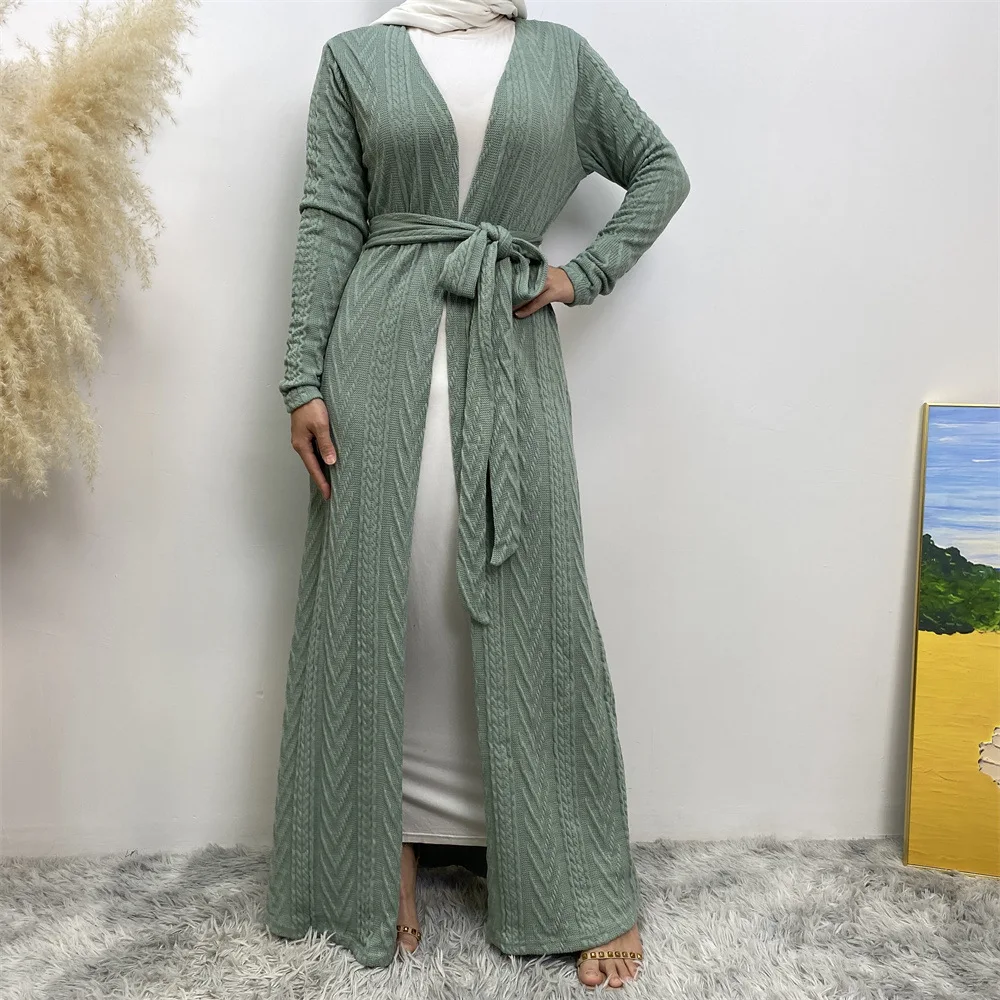 Autumn and Winter Knitted Muslim Cardigan with Pockets Long Elegant Maxi Dresses Muslim Abaya