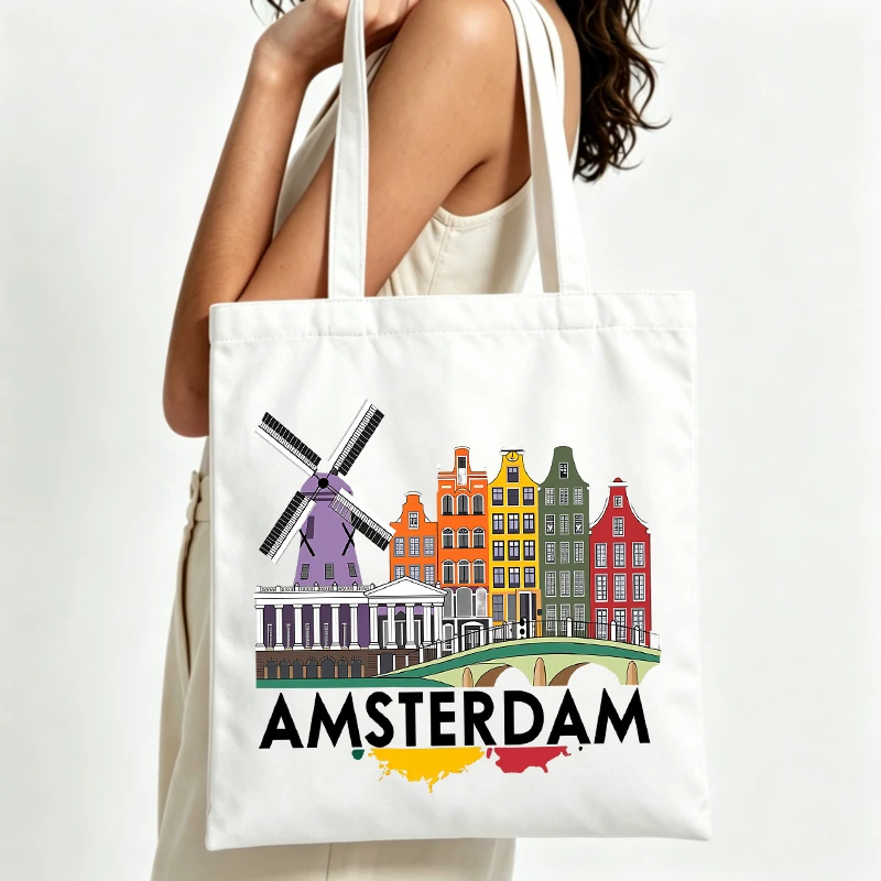 Amsterdam Cityscape Canvas Tote Bag With Windmill And Canal Houses Print Ideal For Casual Daily Use And Travel Outings