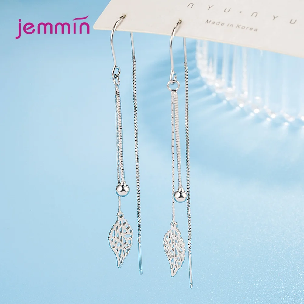 Real 925 Sterling Silver Leaves Pattern Dangle Earrings For Women Girls Long Tassel Drop Earrings Fine Wedding Jewelry