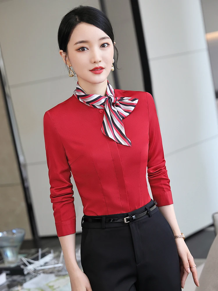 NAVIU Women's Elegant Long Sleeve Shirt Red Gray White Bow Tie Work Wear Blouse Formal Office Ladies Tops Fahion Autumn New