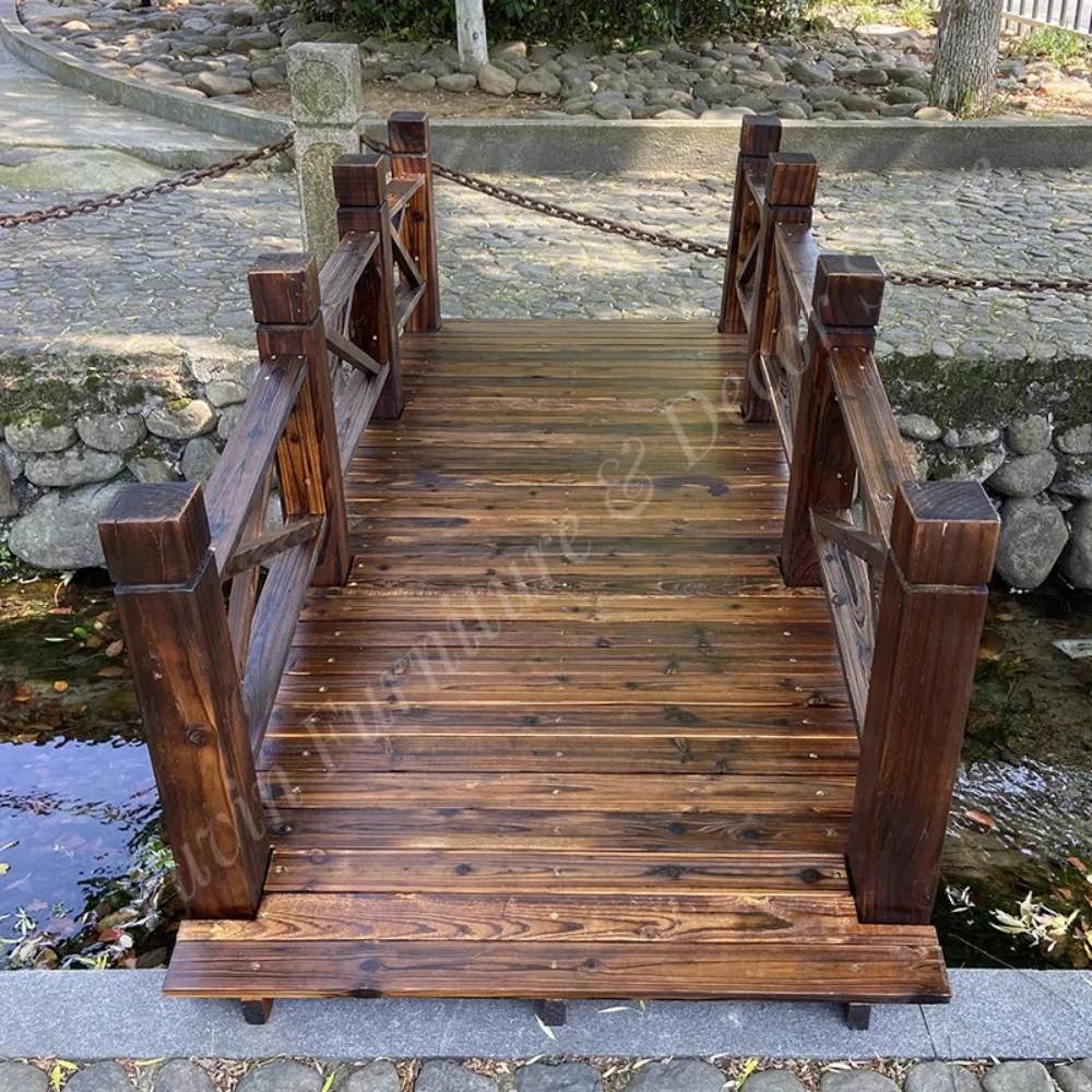 Outdoor Wooden Bridge over Creek Garden Landscape Plank Deck Cross Braced Railings Custom Size for Yard Patio Decoration