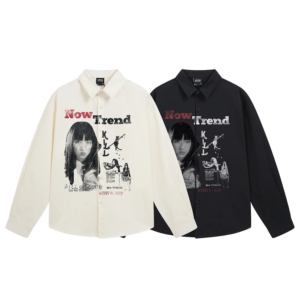 Trend Gothic Printed Men's Shirts Y2k Streetwear Long Sleeve Tops Hip Hop Oversized Punk Shirt Korean Japanese Style Man Clothes