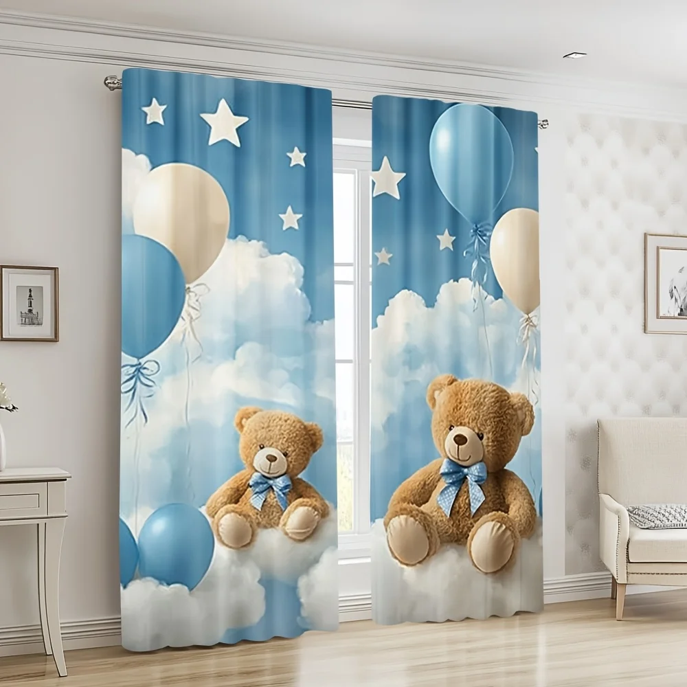 Baby Room Bear Curtain Panels, Plush Teddy With Blue Bow Balloon Cloud Star Pattern Drapes for Toddler Bedroom Home Decor