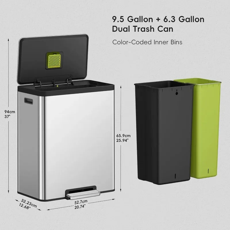 Deodorizer Compartment .36L+24L Dual Trash Can with Recycle Bin, Stainless Steel Odor- Garbage Can with Lid