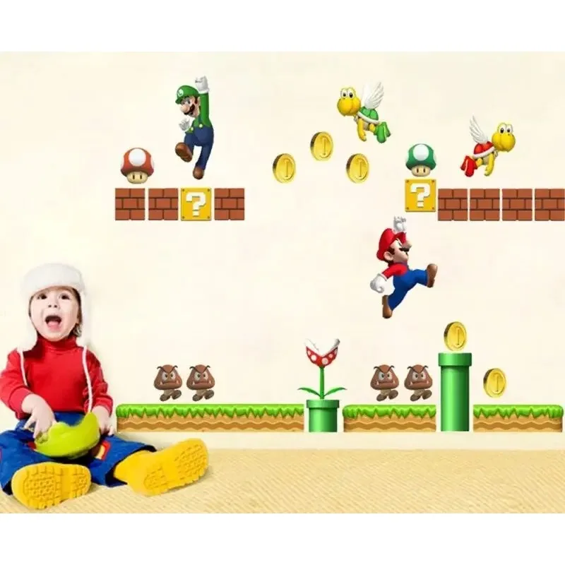 Super Mario wzór Mario Bros Yoshi grzyb ścienny zabawka na kijku zdejmowana naklejka Cartoon duża dekoracja wnętrz Art przedszkole Kid Mural