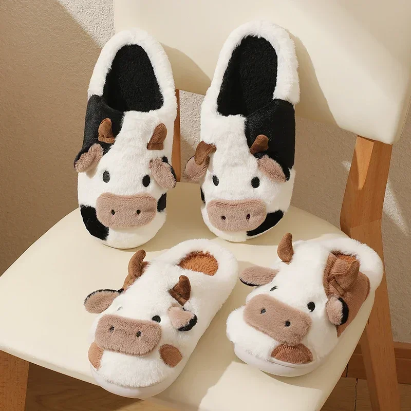 Winter Unisex Family Look Shoes Cartoon Cow Warm Children\'s Plush Slippers For Girls Boys Indoor Non-slip Mule Home Cotton Shoes