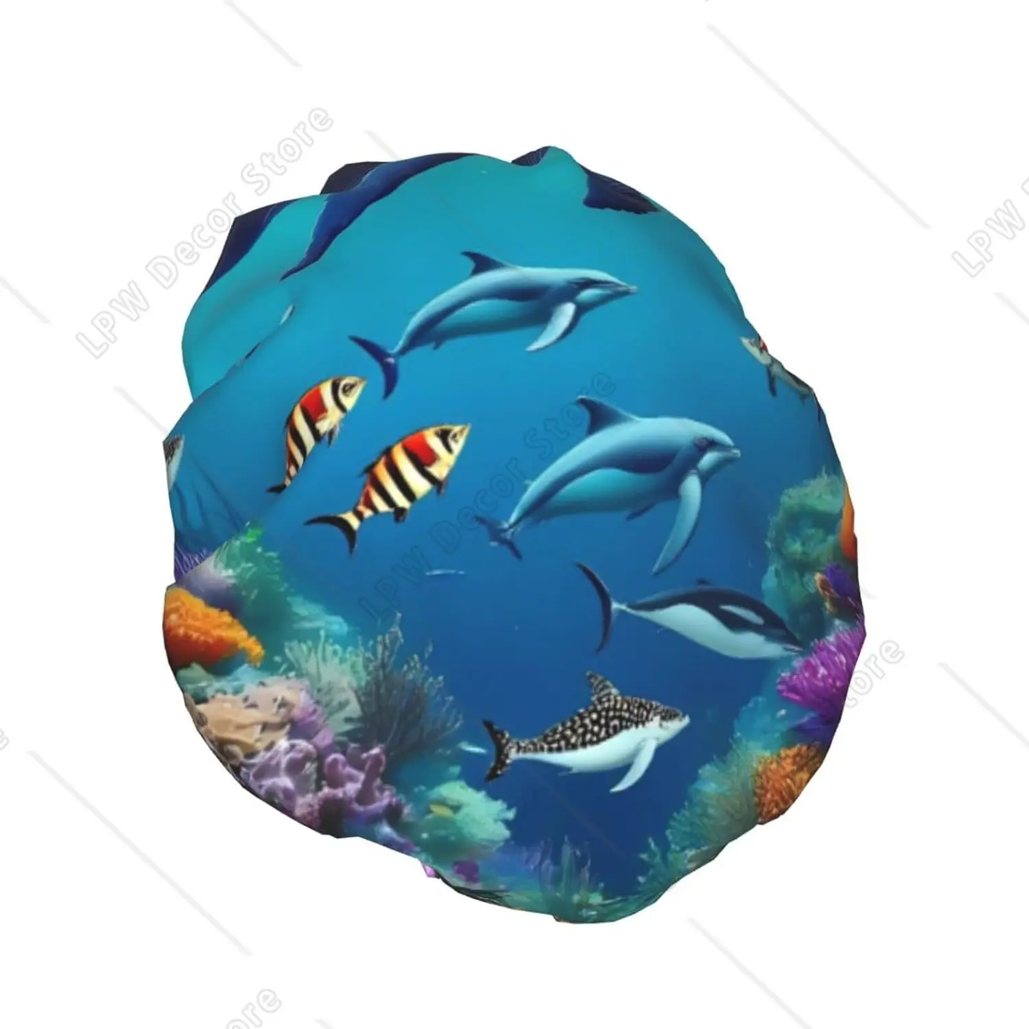 Sea World Print Shower Caps for Women Waterproof Double Layers Bath Caps with Elastic Reusable Showe