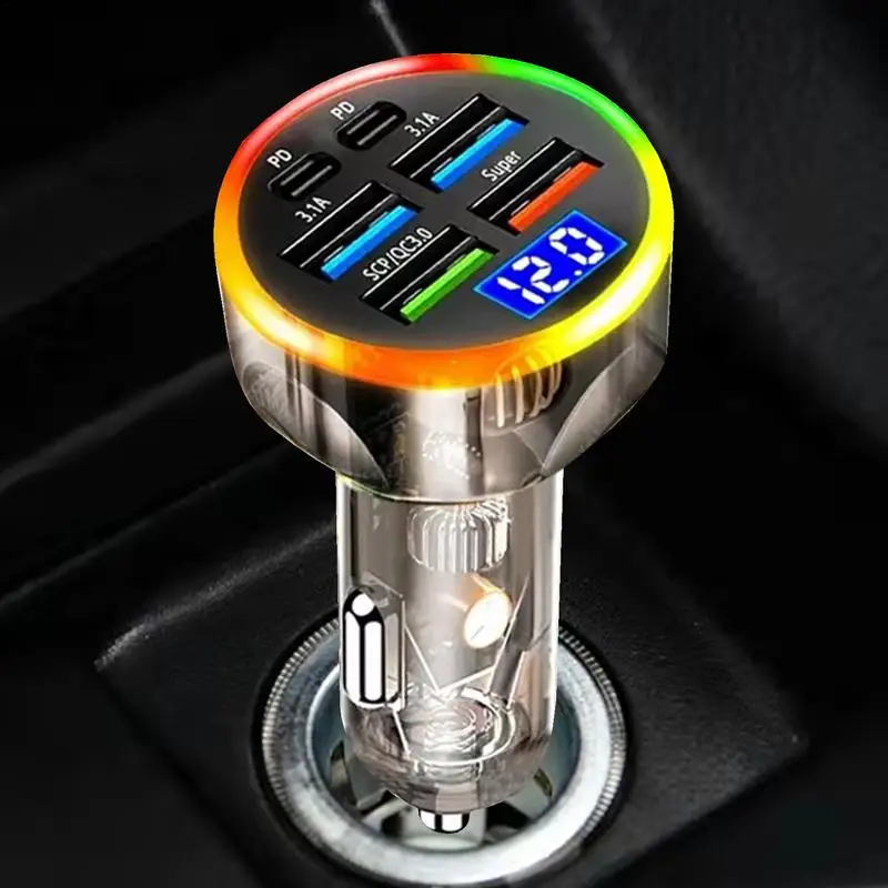 Car Phone Charger 6-port Super Fast Charging Adapter LED Voltage Display Portable Flash Charging Charger Car Accessories GPS