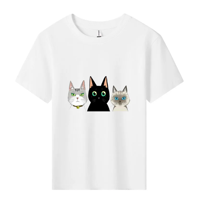 Cartoon T-shirts Boys And Girls Round Neck Short Sleeve Tops Cute Cat Graphic Printed Cotton Casual Pullover Kids Summer Wear