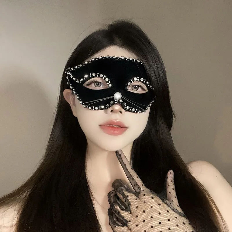 Strass gland vénitien mascarade masques femmes chat demi visage Halloween fête Cosplay Costume accessoires élégant noir
