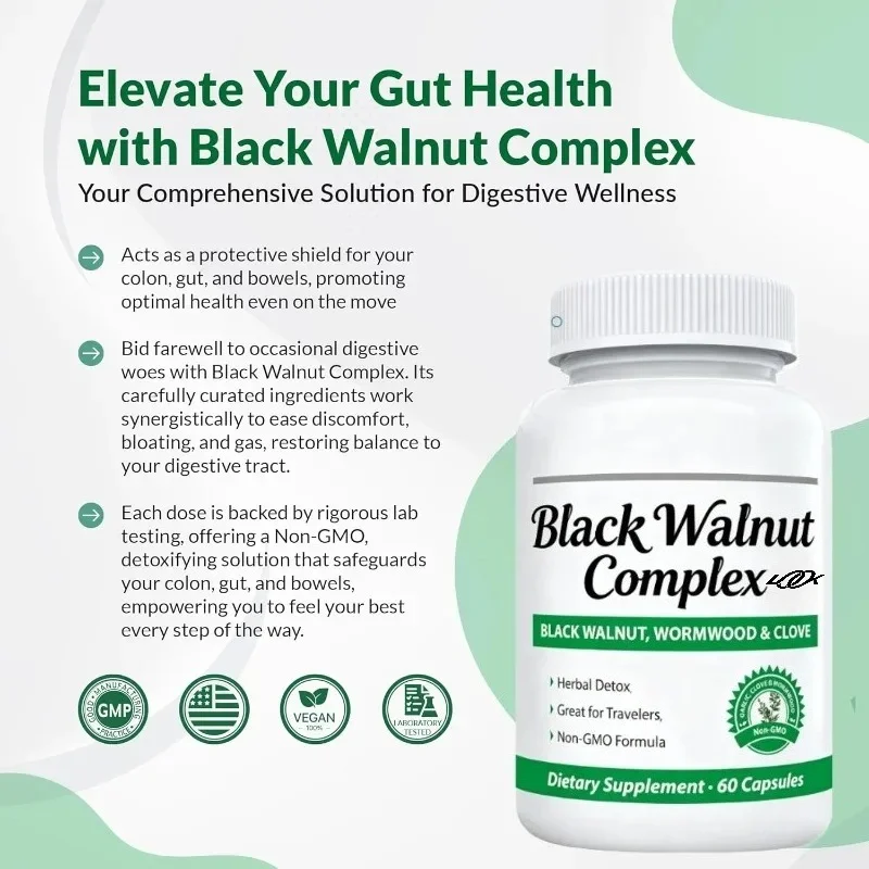 Black walnut Wormwood、 Lilac, pumpkin seeds, garlic, zinc | Human intestinal health support -60 capsules