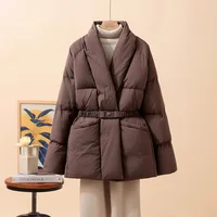 New Fashion Temperament Cotton Coat Women Winter Warm Solid Color V-neck Gathered Waist Jacket Coats Parkas with Belt 3