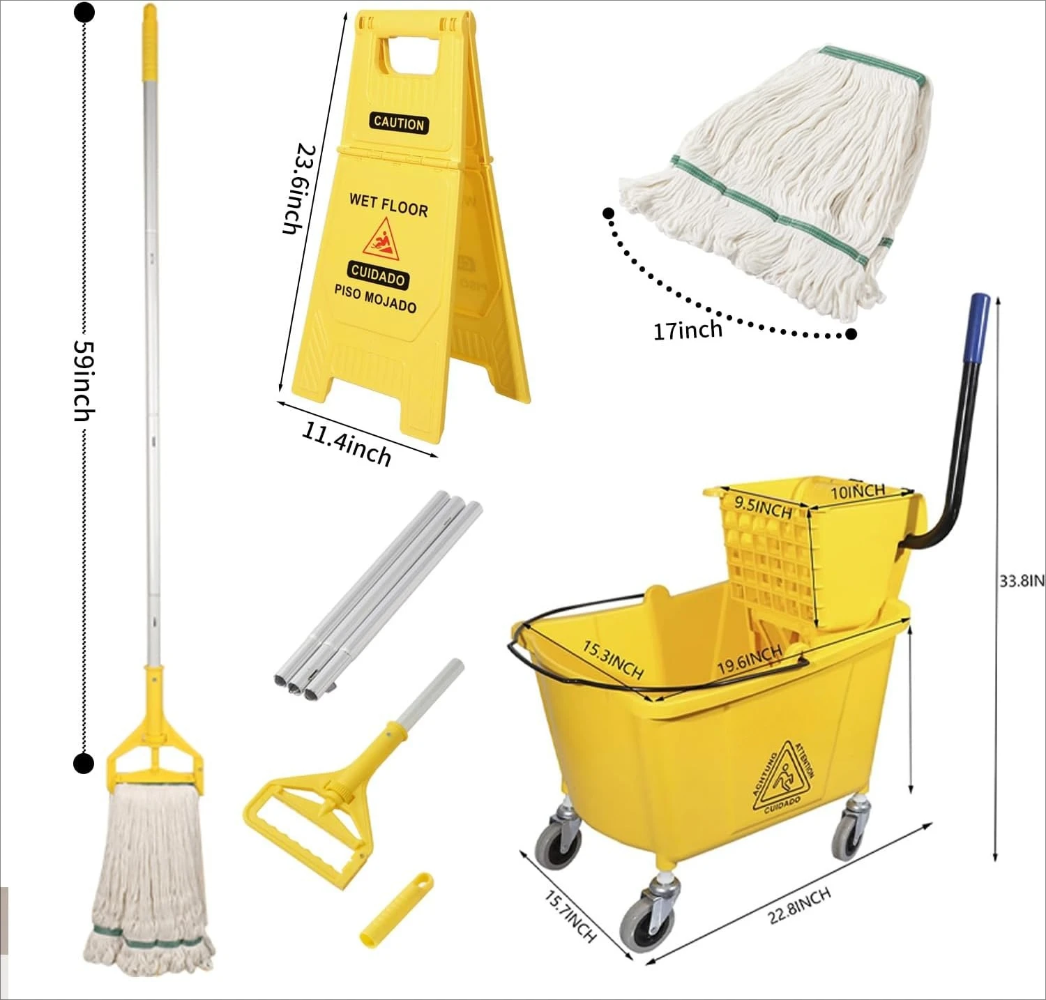 

Side Press Wringer Combo Commercial Mop Bucket on Wheels, 35 Quart,Yellow, Including Wet Floor Caution Sign