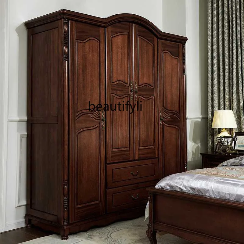 Mahogany core wood American four-door wardrobe all solid wood master bedroom large wardrobe three-door wardrobe