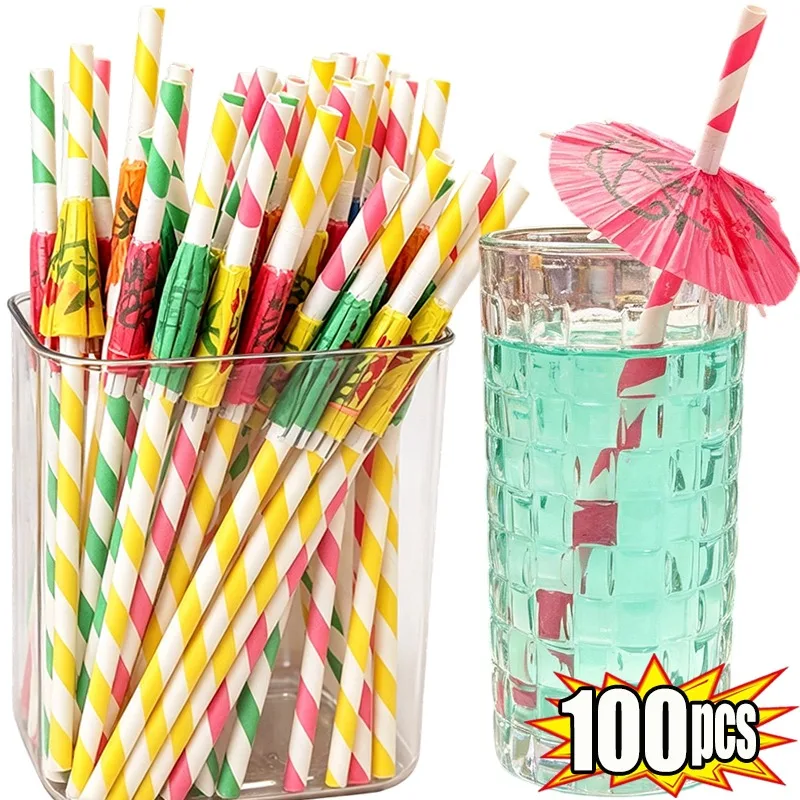 100/10 Stück Papier-Regenschirm-Trinkhalme, tropische Cocktail-Rührhalme, Saft-Smoothie-Bubble-Getränke-Zubehör, zufällige Farbe