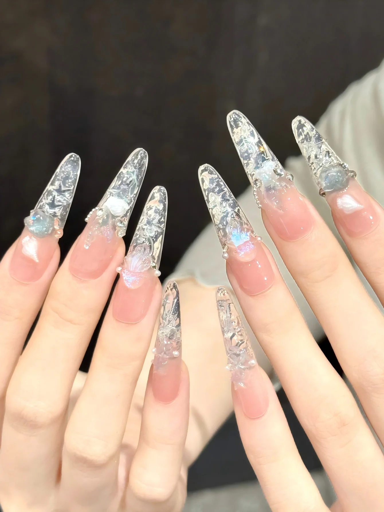 10PCS Stiletto Handmade Press On Nails,Peach Bottom Aurora Broken Ice Deep Sea Shell, Suitable For Parties And Daily Wear.