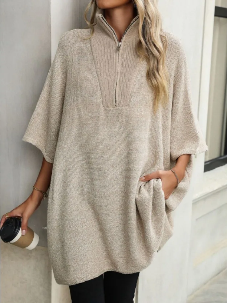 

New Women's Fashion Medium-length Knit Sweater Ladies Autumn and Winter Casual Long-sleeved Zipper Lapel Sweater