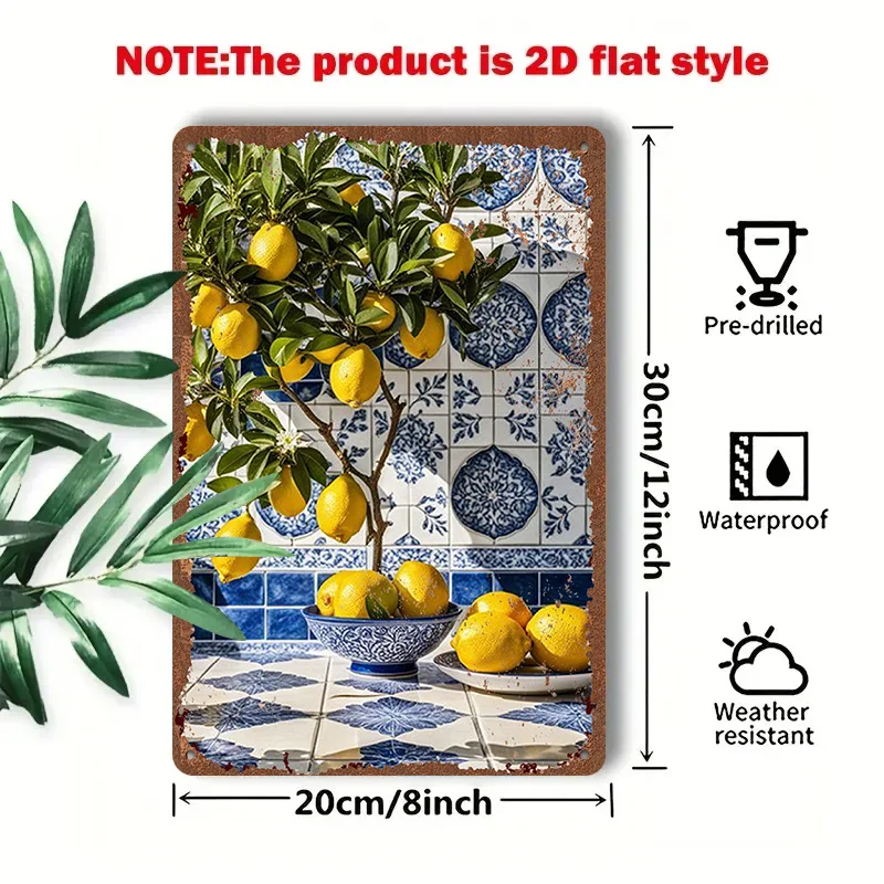 2D Flat - 1pc 2D[Flat] Metal Sign Lemon Tree Tin Painting with Blue And White Tiles Background, 8X12 Inches/20X30 Cm, Suitable